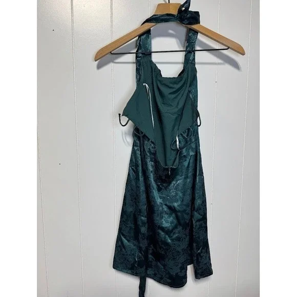 Lulus Exquisite Emerald‎ Green Floral Burnout Halter Lace Up Mini Dress Size S - Picture 5 of 9